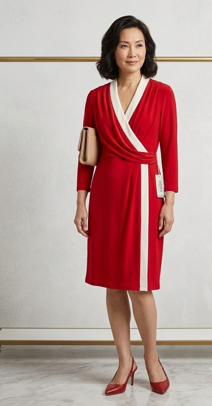 NWT KASPER Red V-Neck Faux Wrap Dress Cream Accent Piping Sze L 12/14 MSRP $109